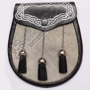 Gray Color Cow Skin with Leather Corner Celtic Embossed with Silver Color Filling on Flap