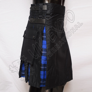Hybrid Decent Black and Royal Ramsay Blue Tartan Box Pleat Utility Kilt Attached pockets
