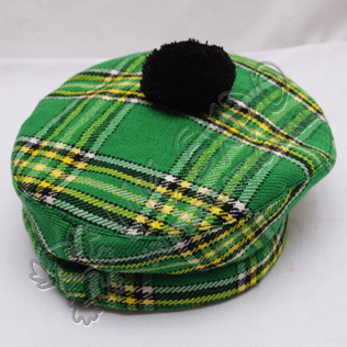 Irish National Tartan Military Bonnet Hat with Black Pom Pom