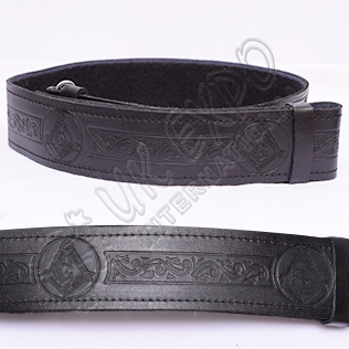 Masonic Embossed Black Leather Kilt Belt Velcro Closing