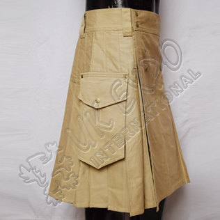 Men Khaki Utility Kilt With Around Attached pockets