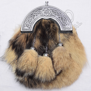 Men Scottish Kilt Sporran Fox Fur Celtic Design Cantle Black Color Filling