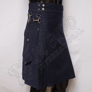 Navy Blue Utility Kilt  Round Attached Pockets Utility Sports Casual Pocket Kilt
