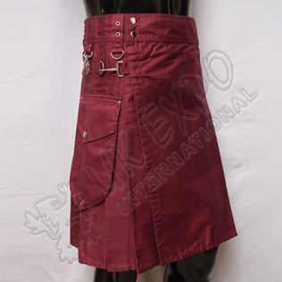 Maroon Utility Kilt Round Attached Pockets Utility Sports Casual Pocket Kilt