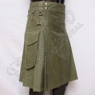 Olive color Round Attached Pockets Utility Sports Casual Pocket Kilt