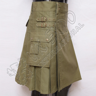 Olive Utility Kilt With long strap 3 sizes adjustable brass snaps
