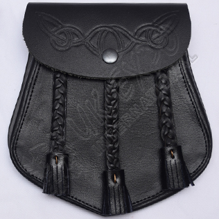 Real Cow Hide Leather Sporran with Celtic Design Embossed on front Flap