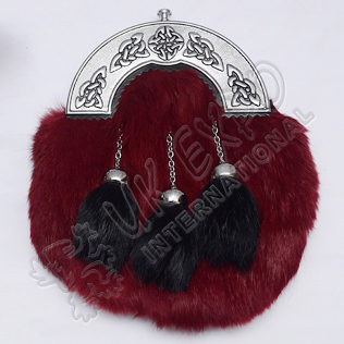 Red Color Rabbit Fur Sporrans with Celtic Cantle Black Color Filling