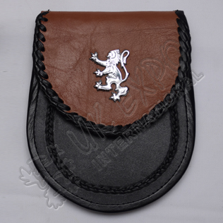 Scottish Black and Brown Leather Sporran With Rampart Lion Badge On Flap