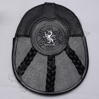 Scottish Black Leather Celtic Design Sporran With Rampart Lion Badge