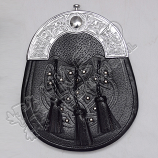 Scottish Black Leather Celtic Design Sporran With Studs and Celtic Design Cantle