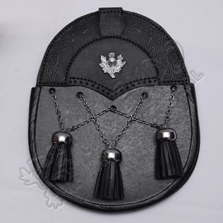 Scottish Black Leather Celtic Design Sporran With Thistle Badge