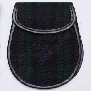 Scottish Black Watch Tartan Sporran With Leather Backing & Belt Chain