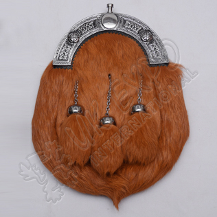 Scottish Brown Rabbit Furr Sporran With Celtic Design Cantle Black Color Filling