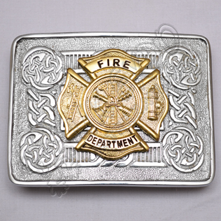 Scottish Celtic Design Chrome Buckle With Brass Fire Department Badge