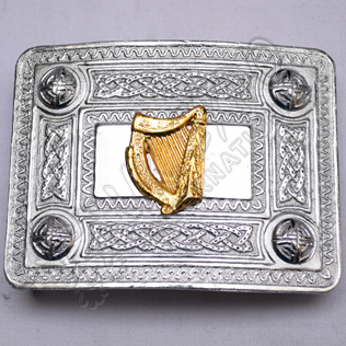 Scottish Celtic Design Chrome Buckle With Brass Harp Badge