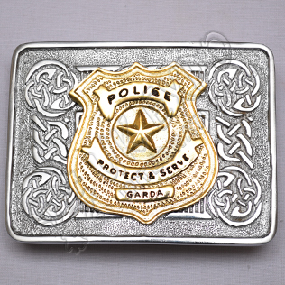 Scottish Celtic Design Chrome Buckle With Brass Police Protect & Serve Garda Badge