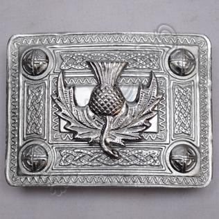 Scottish Chrome Celtic Design Kilt Buckle With Thistle Badge