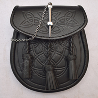 Scottish Double Embossed Black Leather Sporran with Three Tessles and chain Lock 