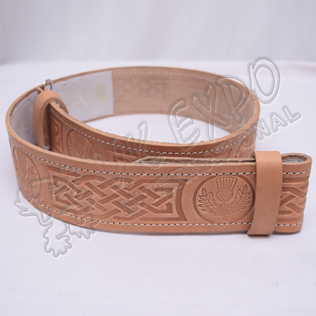 Scottish Flower and Celtic knot work Embossed on Skin Color orignal Leather Kilt Belt