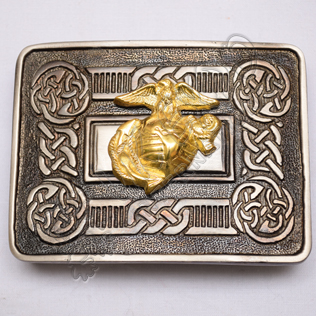 Scottish Kilt Belt Buckle Celtic Design with US Marine Badge Gold 