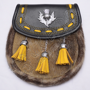Semi dress sporran yellow laces and three yellow tassels with thistle on flap