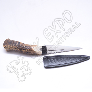 Stainless Steel Blade with Original Stag Curve Shape Handle and Leather Celtic Embossed Cover Sgain Dubh