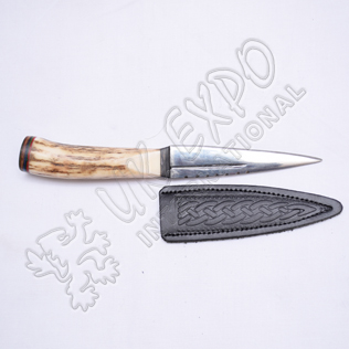 Stainless Steel Blade with Stag Original Handle and Leather Celtic Embossed Cover Sgain Dubh