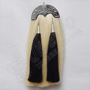 White Horse Hairs Sporran with Scottish Flower Cantle Black Horse hair Tassels