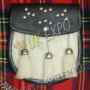 White Long Hair Goat Skin Celtic Embossed on Flap with Studs