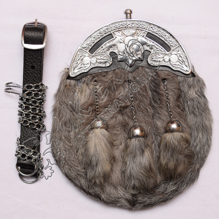 Rabbit White And Black Fur Sporran Celtic Design Cantel With 3 Tassels main image 1
