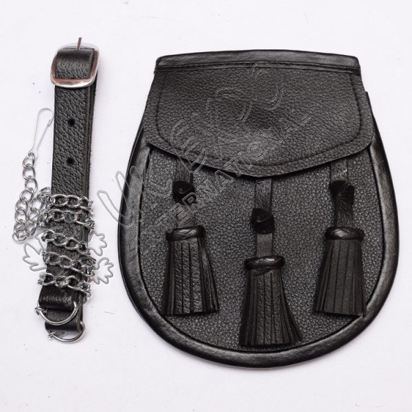 Black or Brown Grained Leather Sporran With 3 Tassels And Chain Belt main image 0